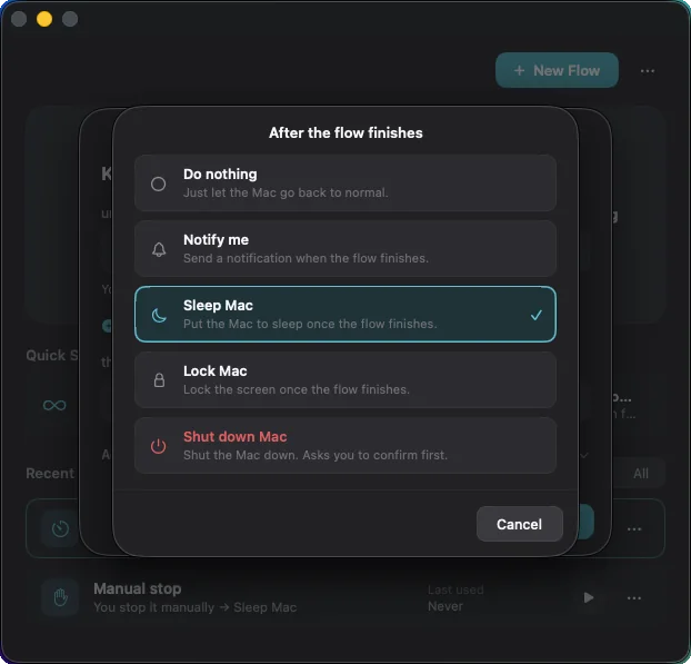 The finish action picker offering Do nothing, Notify me, Sleep Mac, Lock Mac and Shut down Mac.