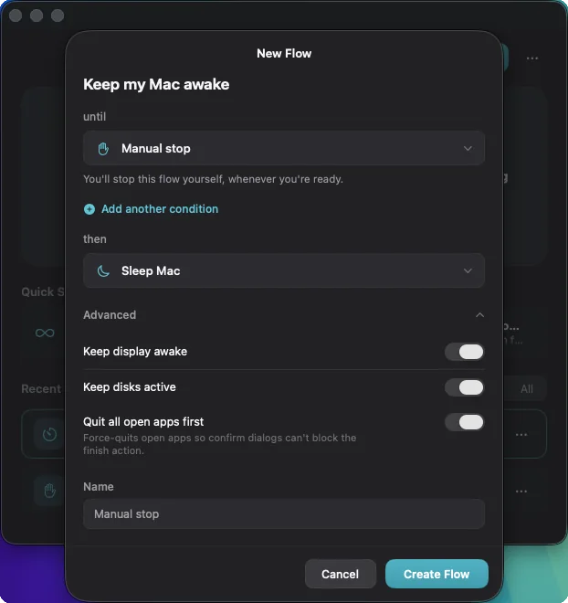 The Advanced section of a flow, with Keep display awake, Keep disks active, Quit all open apps first and a Name field.