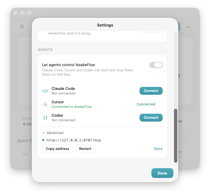 AwakeFlow Settings with connection controls for Claude Code, Cursor, and Codex.