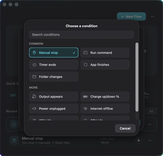 The condition picker, showing Common conditions and a searchable More section.