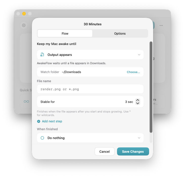 AwakeFlow flow editor watching for an output file, with an Add next step control.