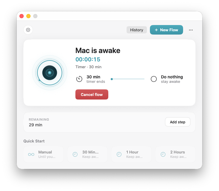 AwakeFlow running a flow, with Mac is awake, remaining time, and an Add step control.