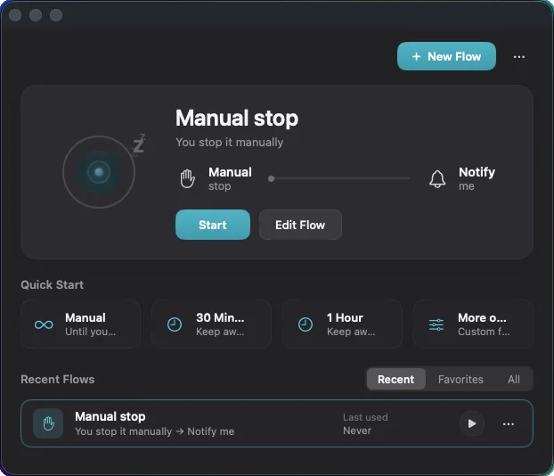 The AwakeFlow window showing a Manual stop flow ready to start, with Quick Start timers and recent flows below.