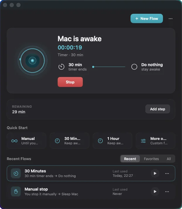 The AwakeFlow window while running, showing a live clock, the flow strip, a red Stop button and the remaining time.
