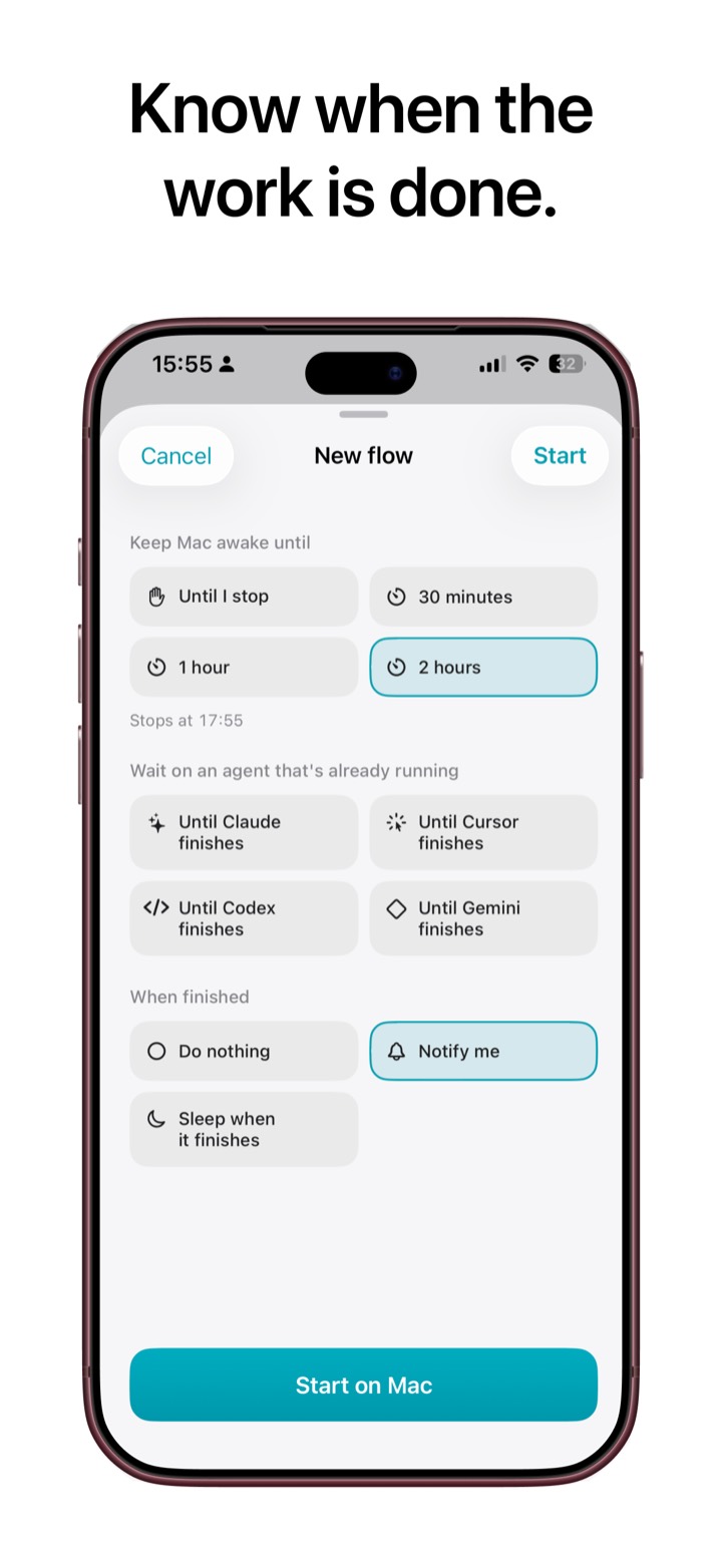 iPhone new flow screen: keep the Mac awake for two hours, wait on an agent, then notify.