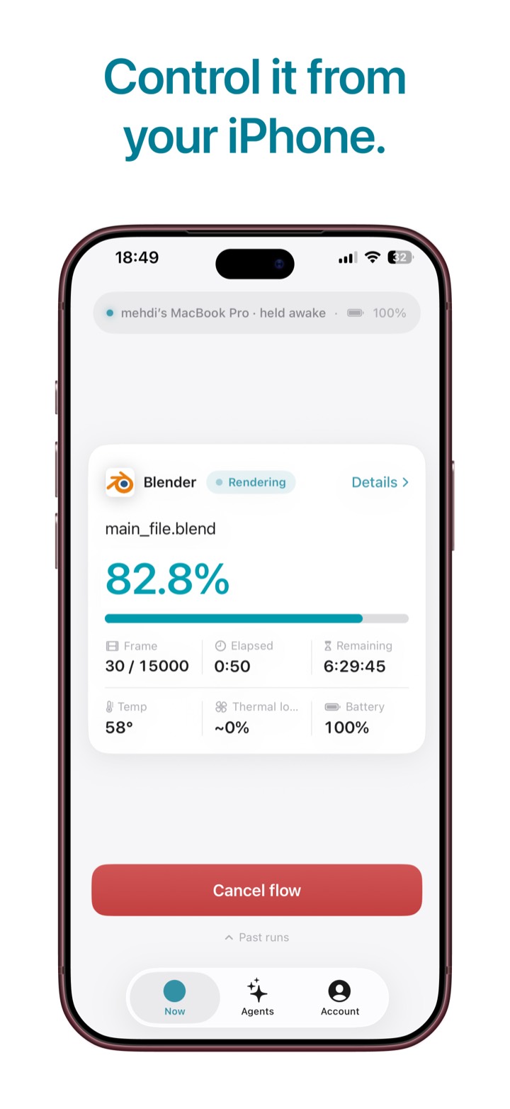 iPhone showing a Blender render at 82.8 percent, with frame count, time remaining, temperature, and battery.