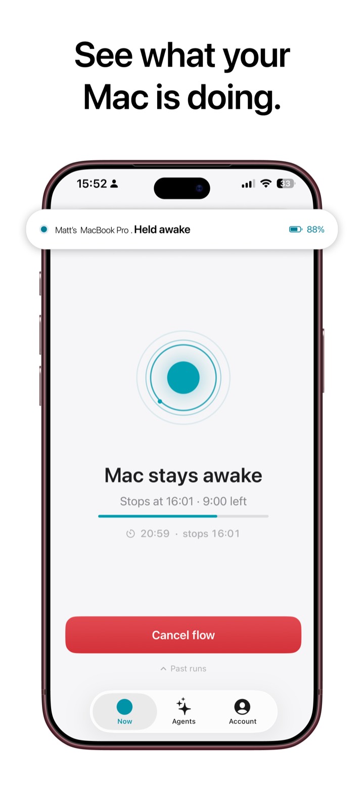 iPhone showing a MacBook Pro held awake, with nine hours left on the flow.