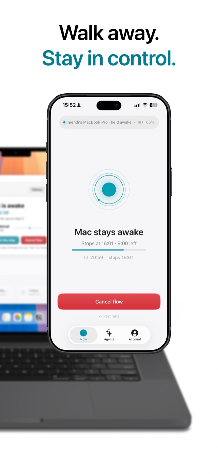 iPhone in front of a MacBook. The phone says the Mac stays awake, with time left and Cancel flow.