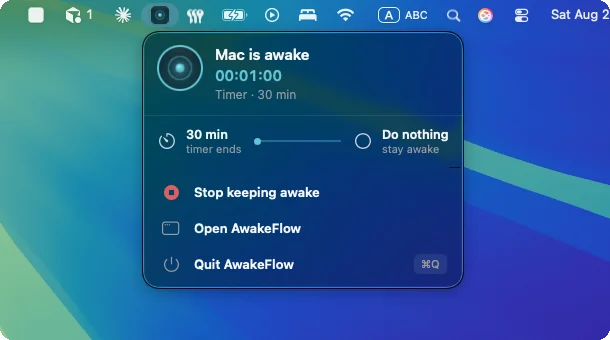 The macOS menu bar with the AwakeFlow popover open, showing a running 30 minute timer, a live clock and quick actions.