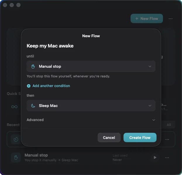 The New Flow sheet reading: Keep my Mac awake, until Manual stop, then Sleep Mac.