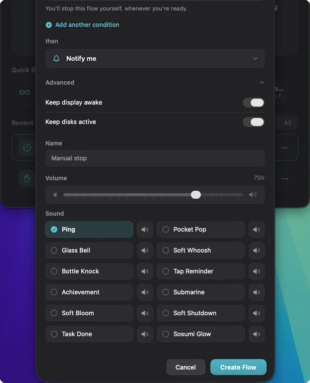 Notification sound settings with a volume slider and twelve previewable sounds.